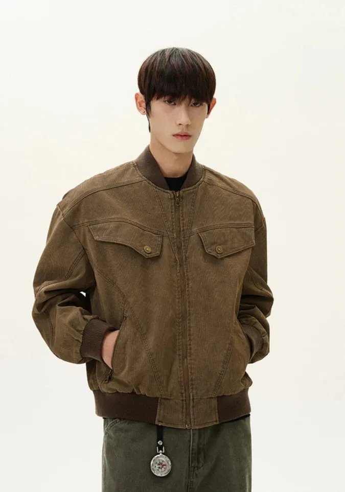 Ribbed Trim Bomber Jacket with Zip Pockets