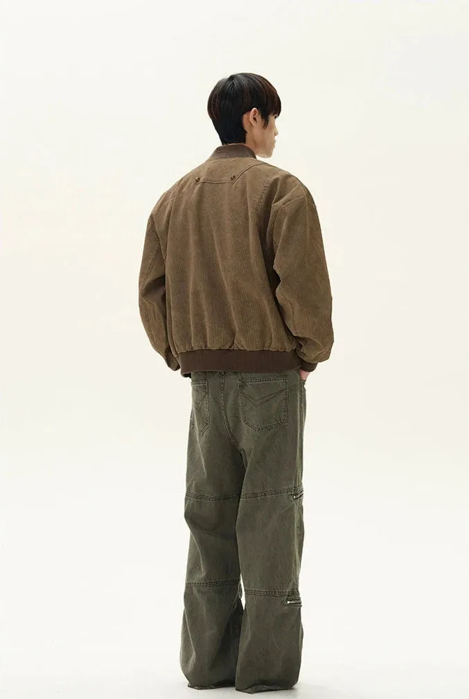Ribbed Trim Bomber Jacket with Zip Pockets