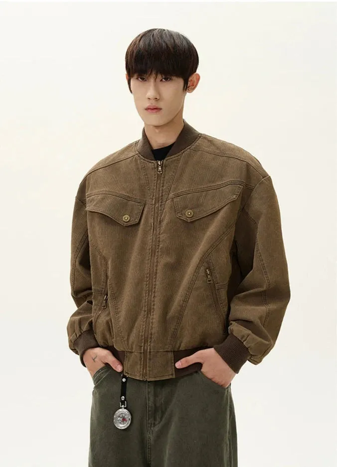 Ribbed Trim Bomber Jacket with Zip Pockets