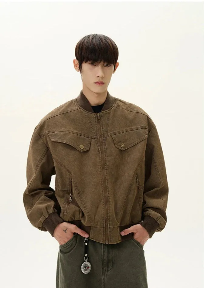 Ribbed Trim Bomber Jacket with Zip Pockets
