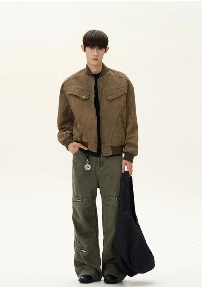 Ribbed Trim Bomber Jacket with Zip Pockets