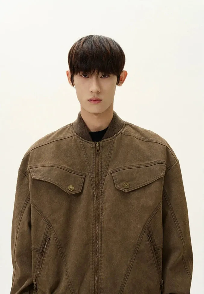 Ribbed Trim Bomber Jacket with Zip Pockets