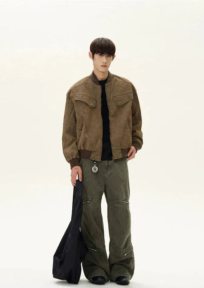 Ribbed Trim Bomber Jacket with Zip Pockets