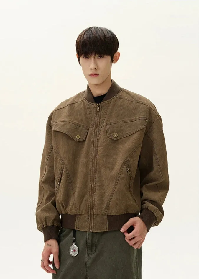 Ribbed Trim Bomber Jacket with Zip Pockets