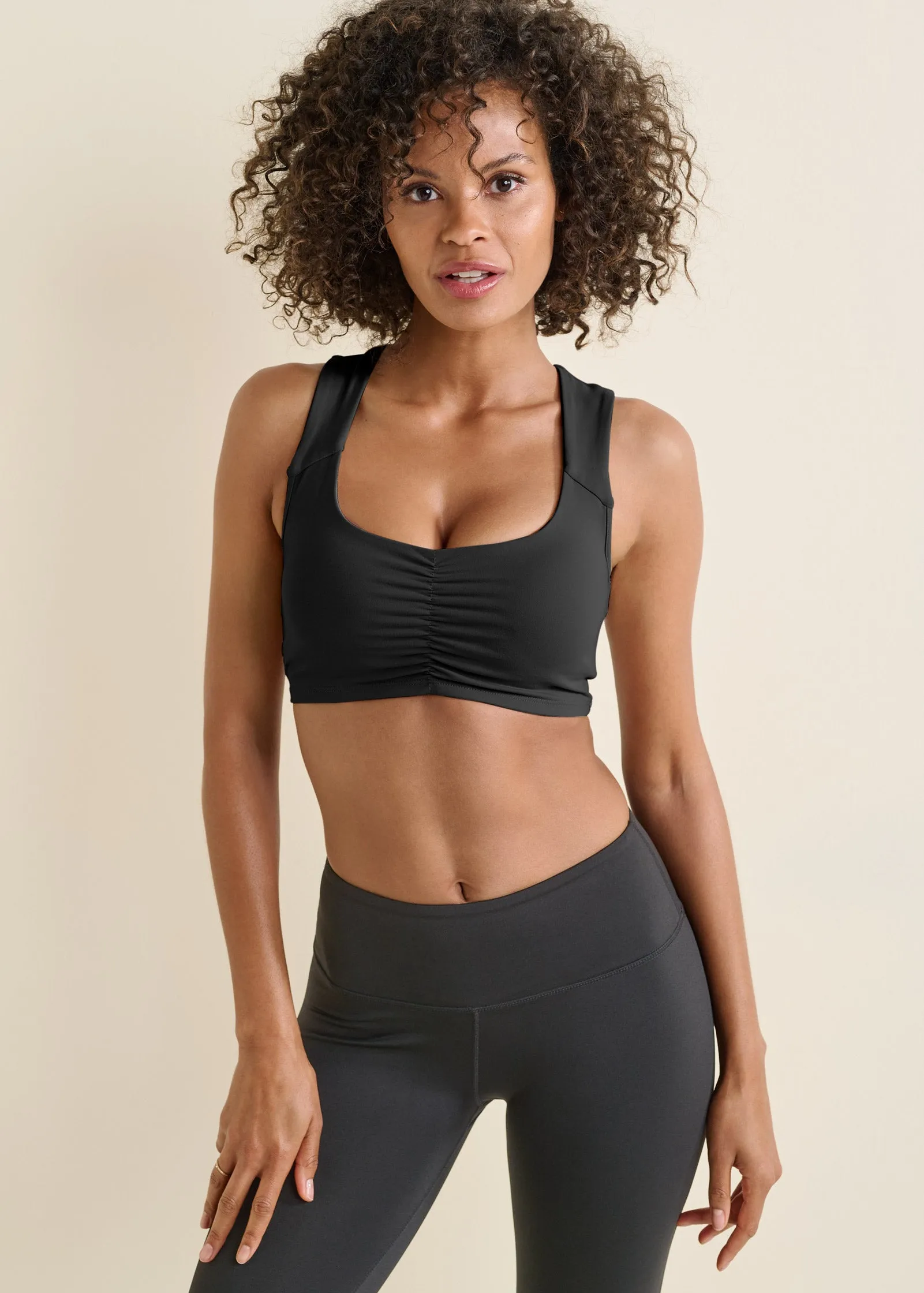 Ruched Cropped Sports Top - Black