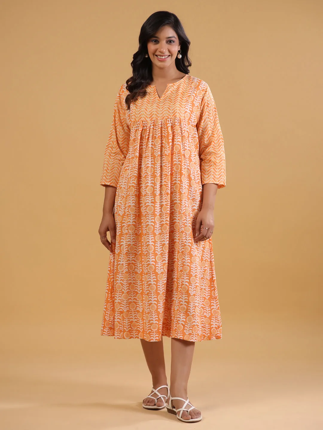 Rust Cotton Printed A-Line Dress