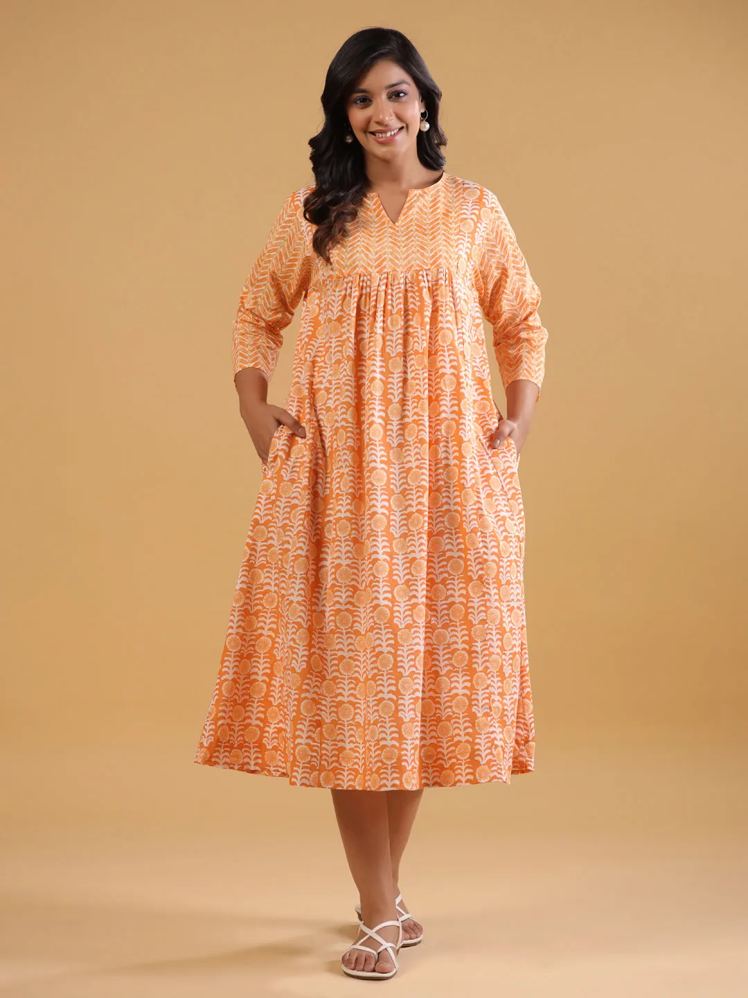 Rust Cotton Printed A-Line Dress