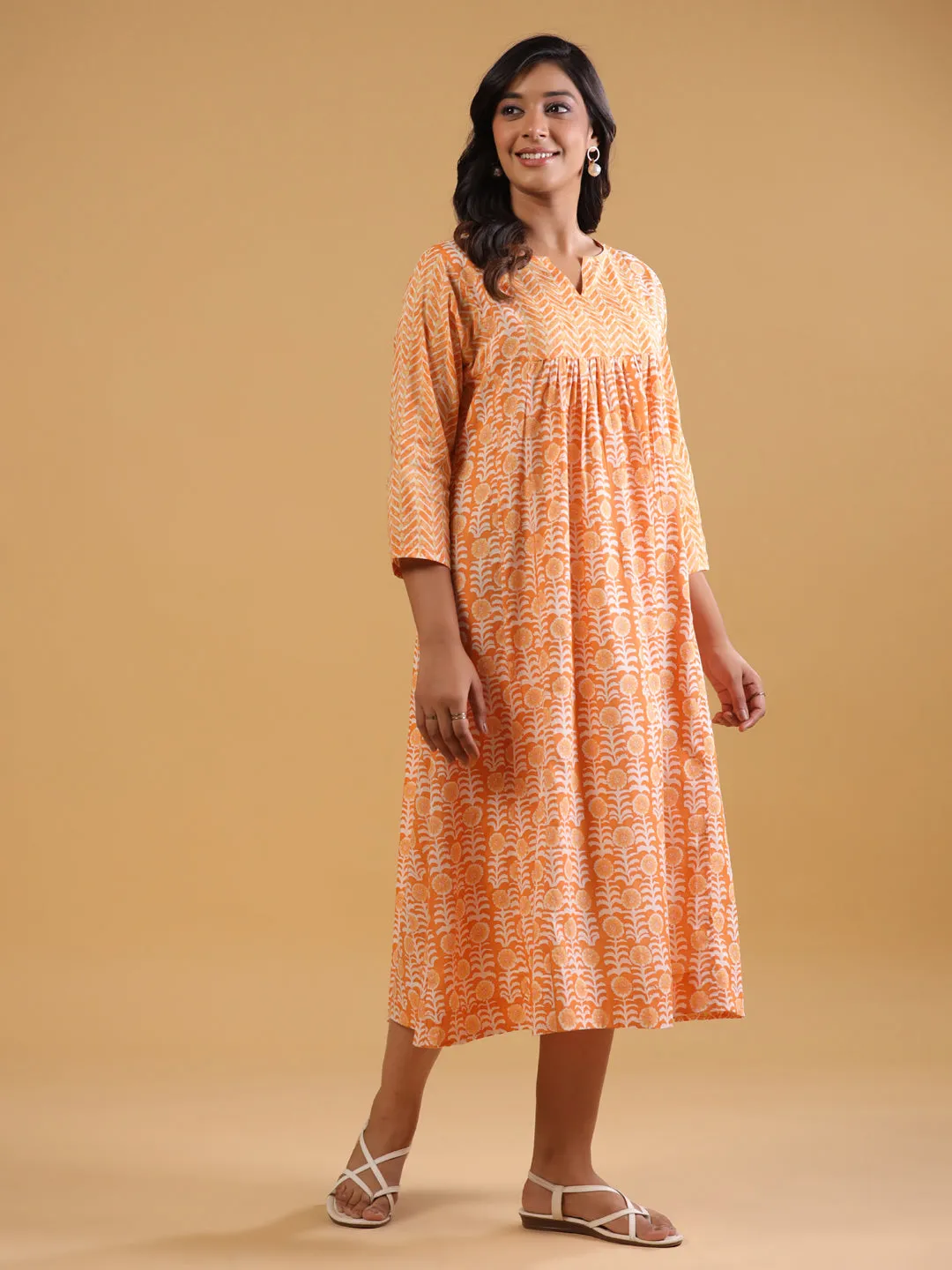 Rust Cotton Printed A-Line Dress