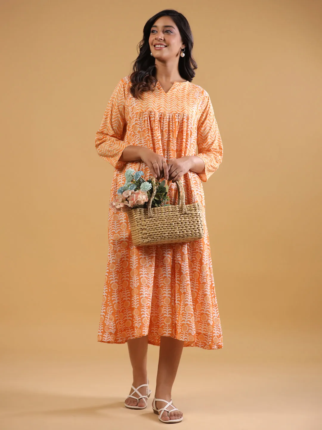 Rust Cotton Printed A-Line Dress