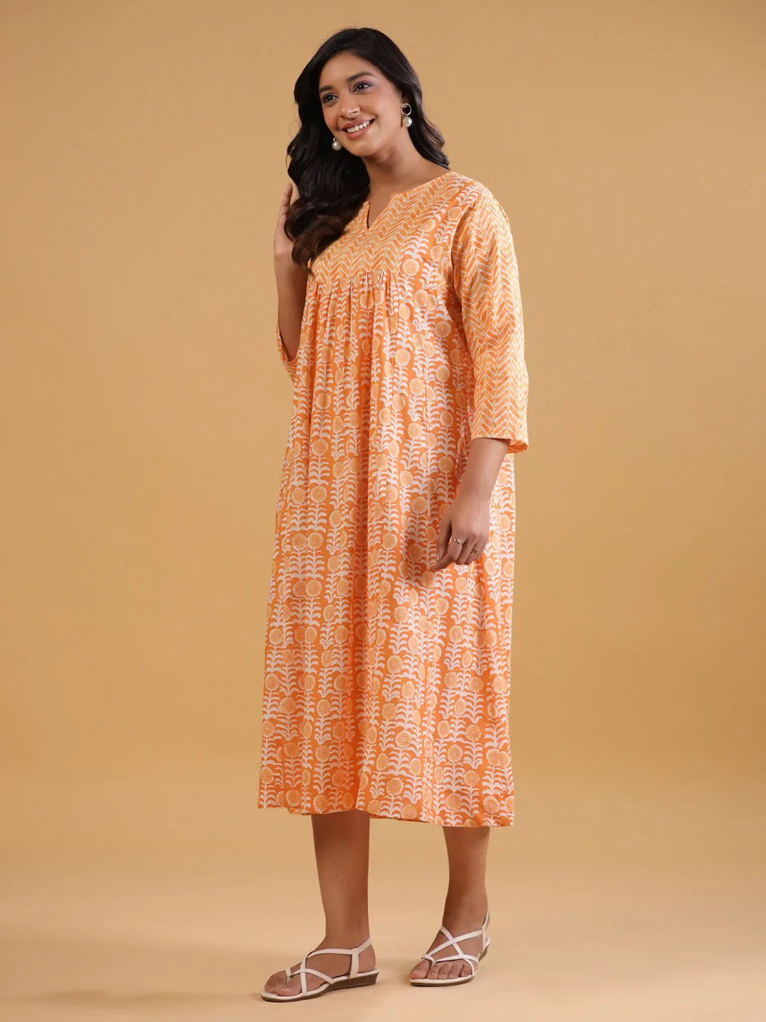 Rust Cotton Printed A-Line Dress