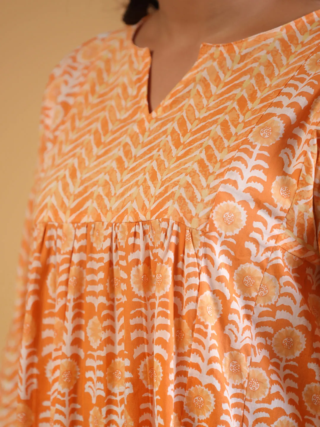 Rust Cotton Printed A-Line Dress