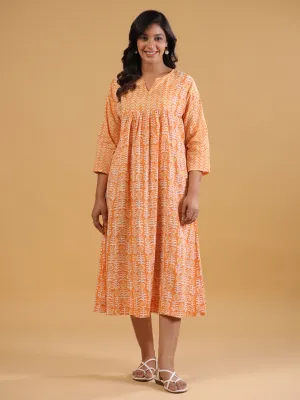 Rust Cotton Printed A-Line Dress