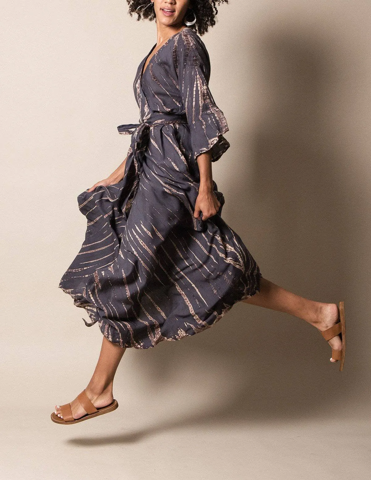 Shibori Tie-Dye Wrap Dress - Grey