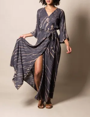 Shibori Tie-Dye Wrap Dress - Grey