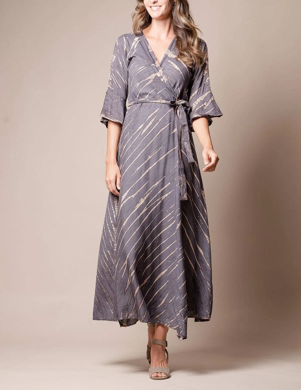 Shibori Tie-Dye Wrap Dress - Grey