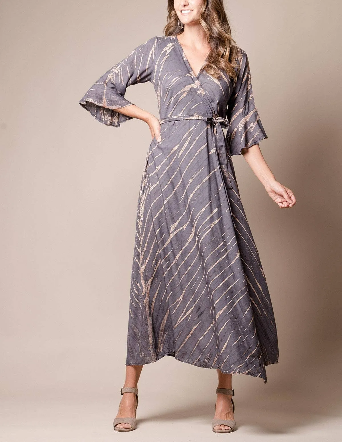 Shibori Tie-Dye Wrap Dress - Grey