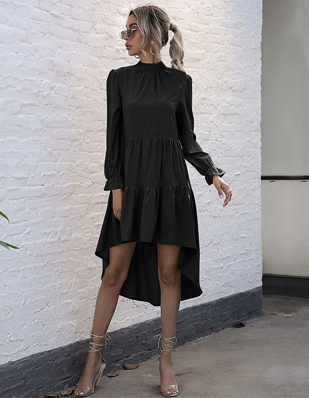 Solid-color High Neck Long Sleeve High Waist Irregular Short A-Line Dresses