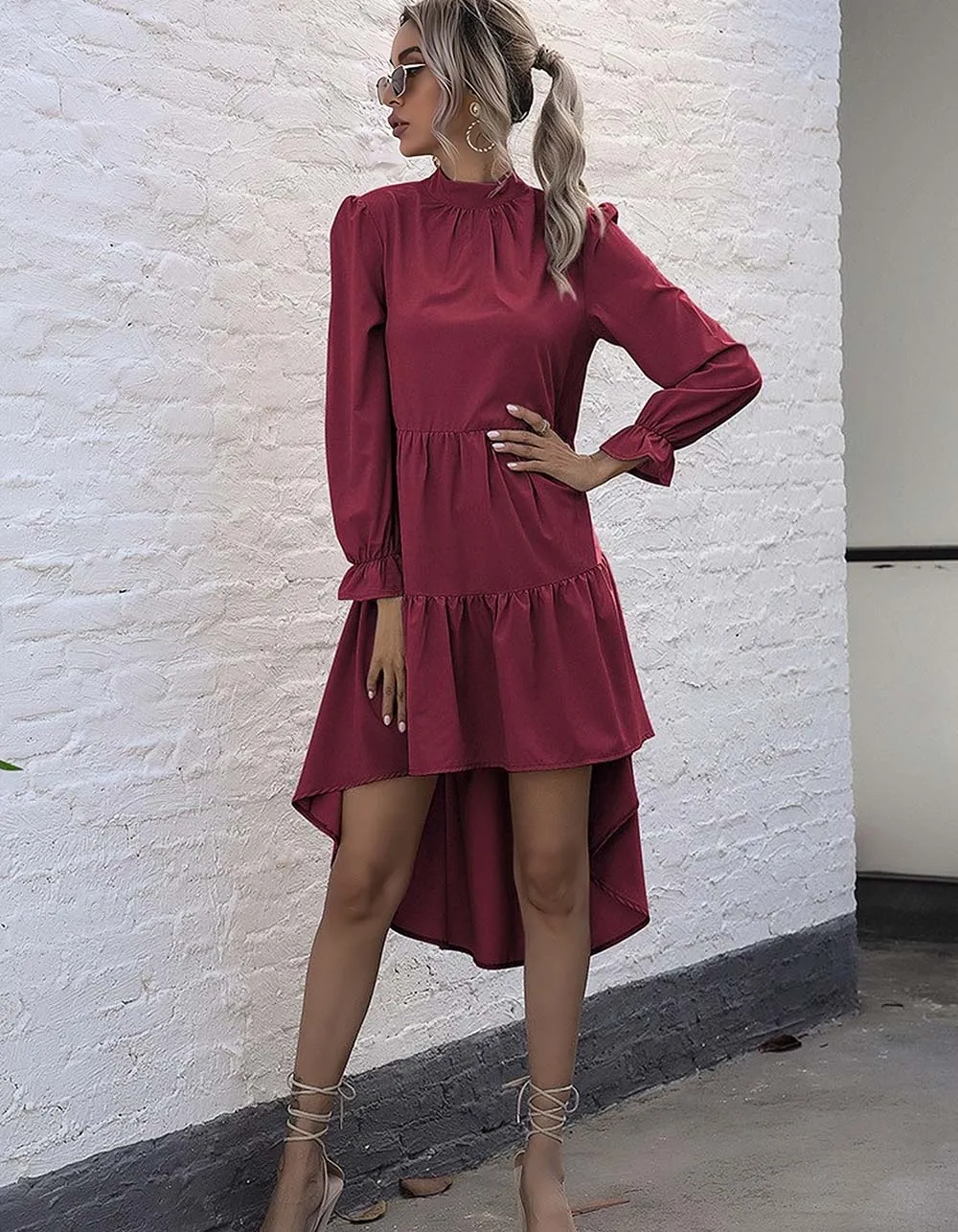 Solid-color High Neck Long Sleeve High Waist Irregular Short A-Line Dresses