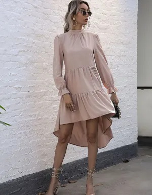 Solid-color High Neck Long Sleeve High Waist Irregular Short A-Line Dresses