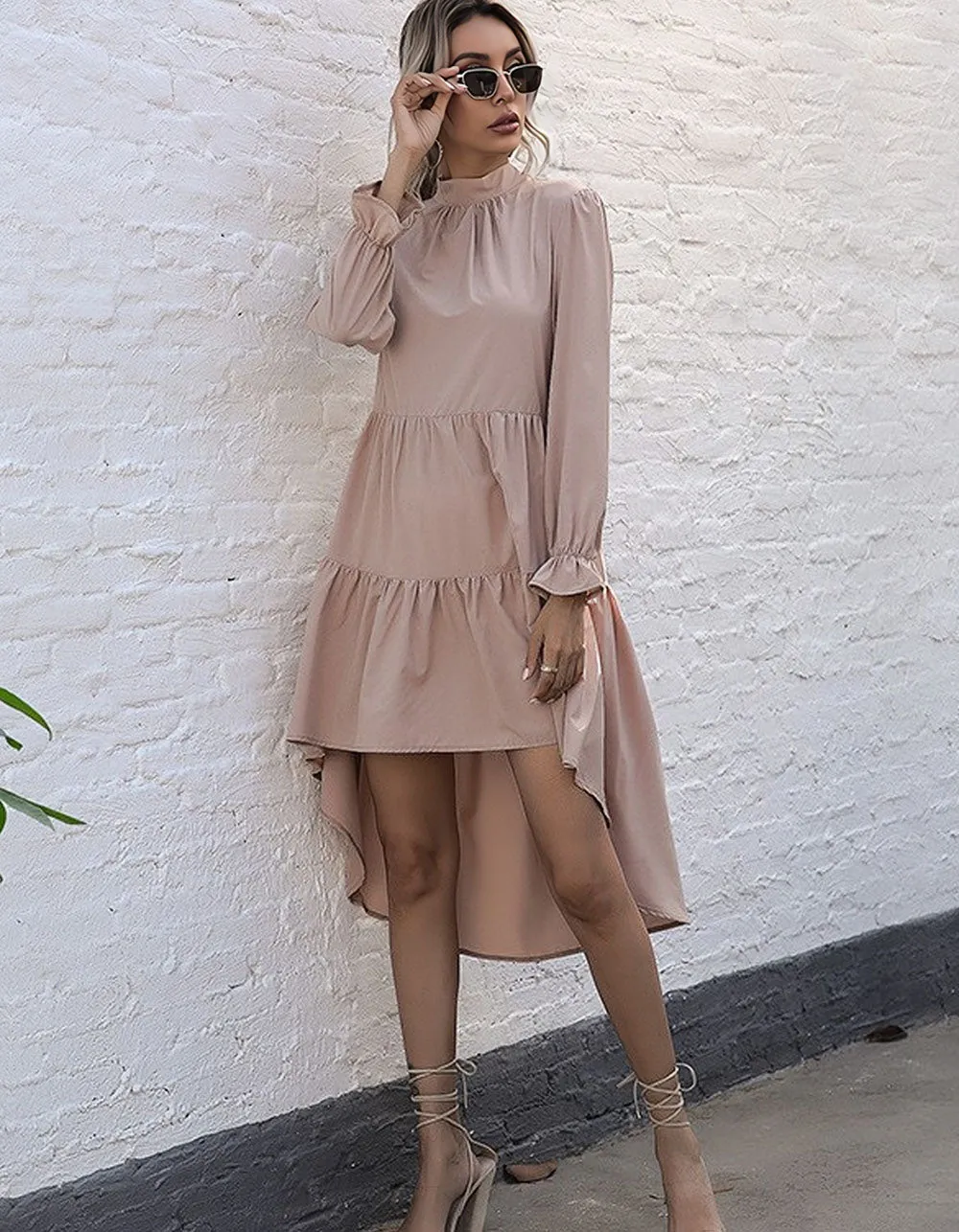 Solid-color High Neck Long Sleeve High Waist Irregular Short A-Line Dresses