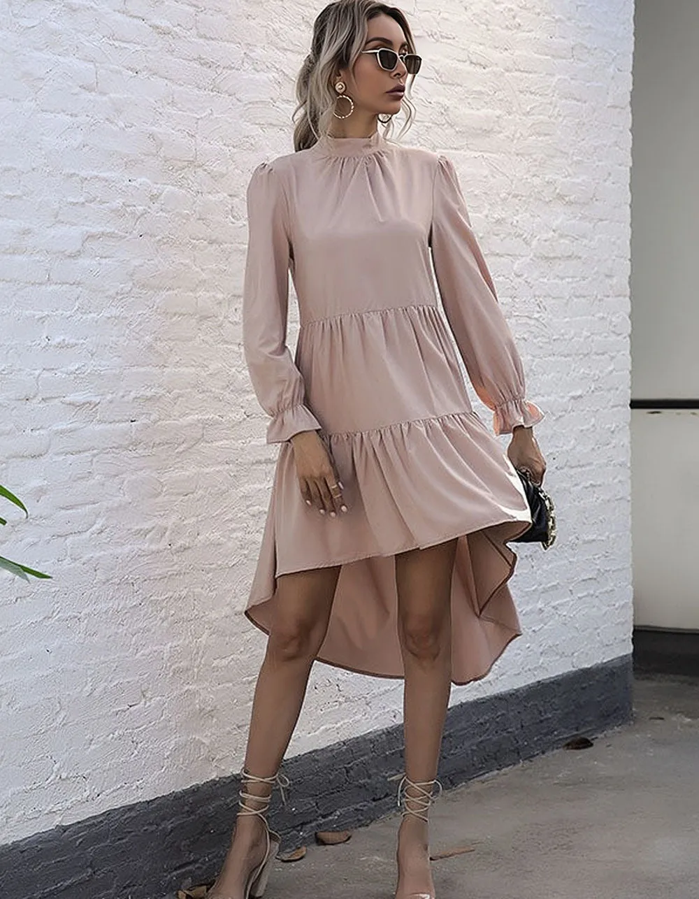 Solid-color High Neck Long Sleeve High Waist Irregular Short A-Line Dresses
