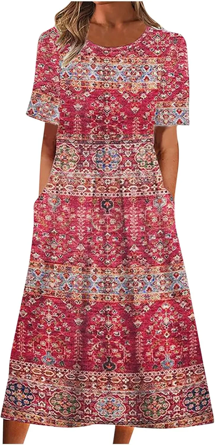 Tshirt Dress for Women 2025 Casual Plus Size Summer Midi Dress Boho Floral Print Loose Flowy Long Dresses with Pockets