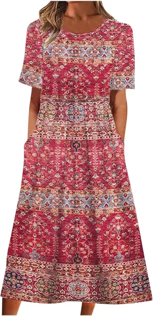 Tshirt Dress for Women 2025 Casual Plus Size Summer Midi Dress Boho Floral Print Loose Flowy Long Dresses with Pockets