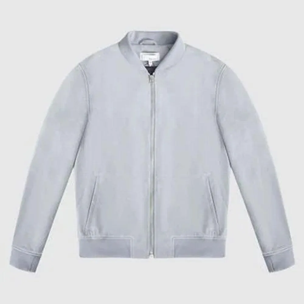 White Suede Leather Bomber Jacket