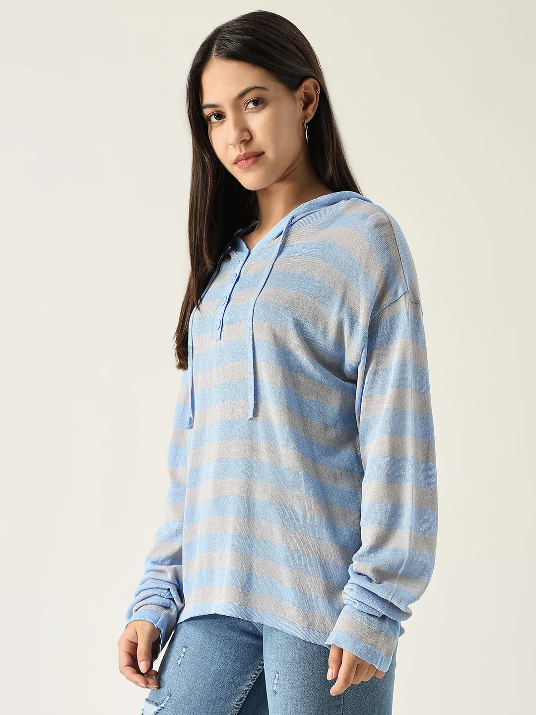 Women Blue Striped Hooded Sweatshirt