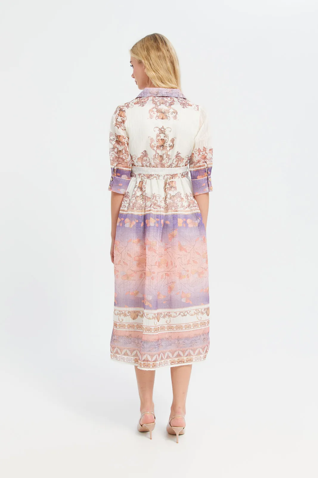 Women Multicolour Printed Collared Long Dress