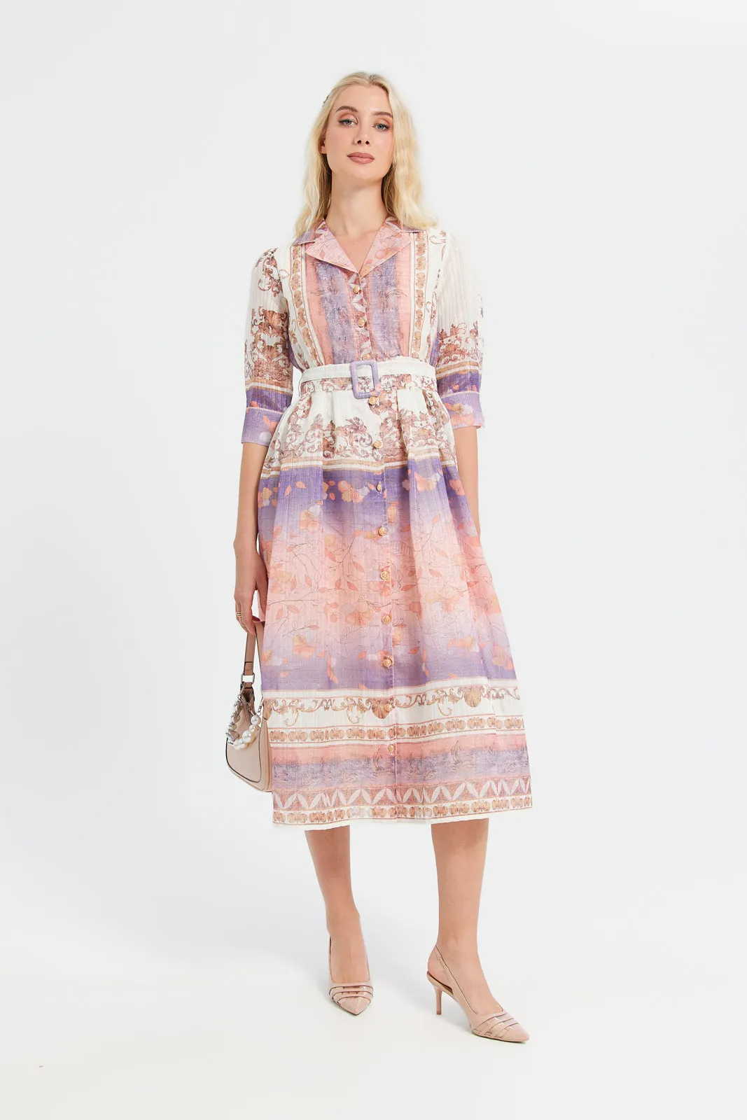 Women Multicolour Printed Collared Long Dress