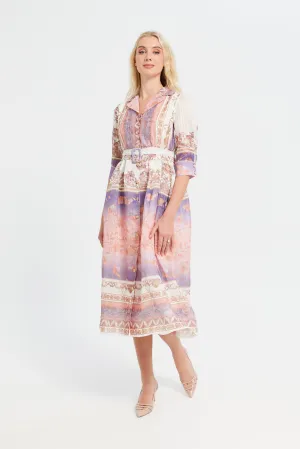 Women Multicolour Printed Collared Long Dress