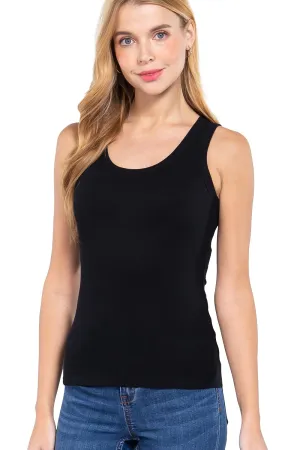Womens- Sleeveless Ribbed Knit Scoop Neck Tank Top