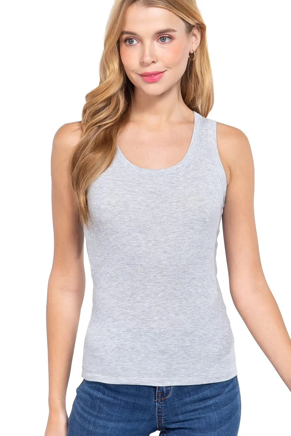 Womens- Sleeveless Ribbed Knit Scoop Neck Tank Top
